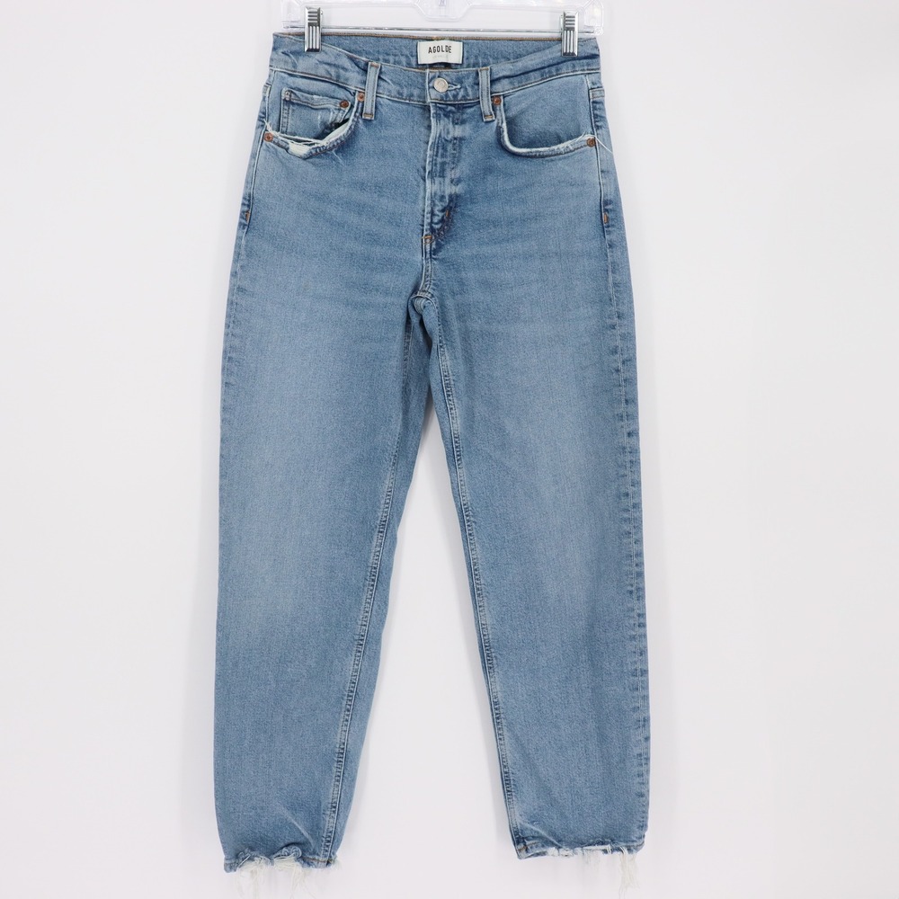 Agolde Kye Mid Rise Straight Leg Jeans Blue Distressed Raw Hem Size 26